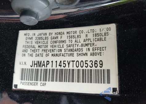 2000 Honda S2000 z USA, uszkodzony, nr VIN JHMAP1145YT005369